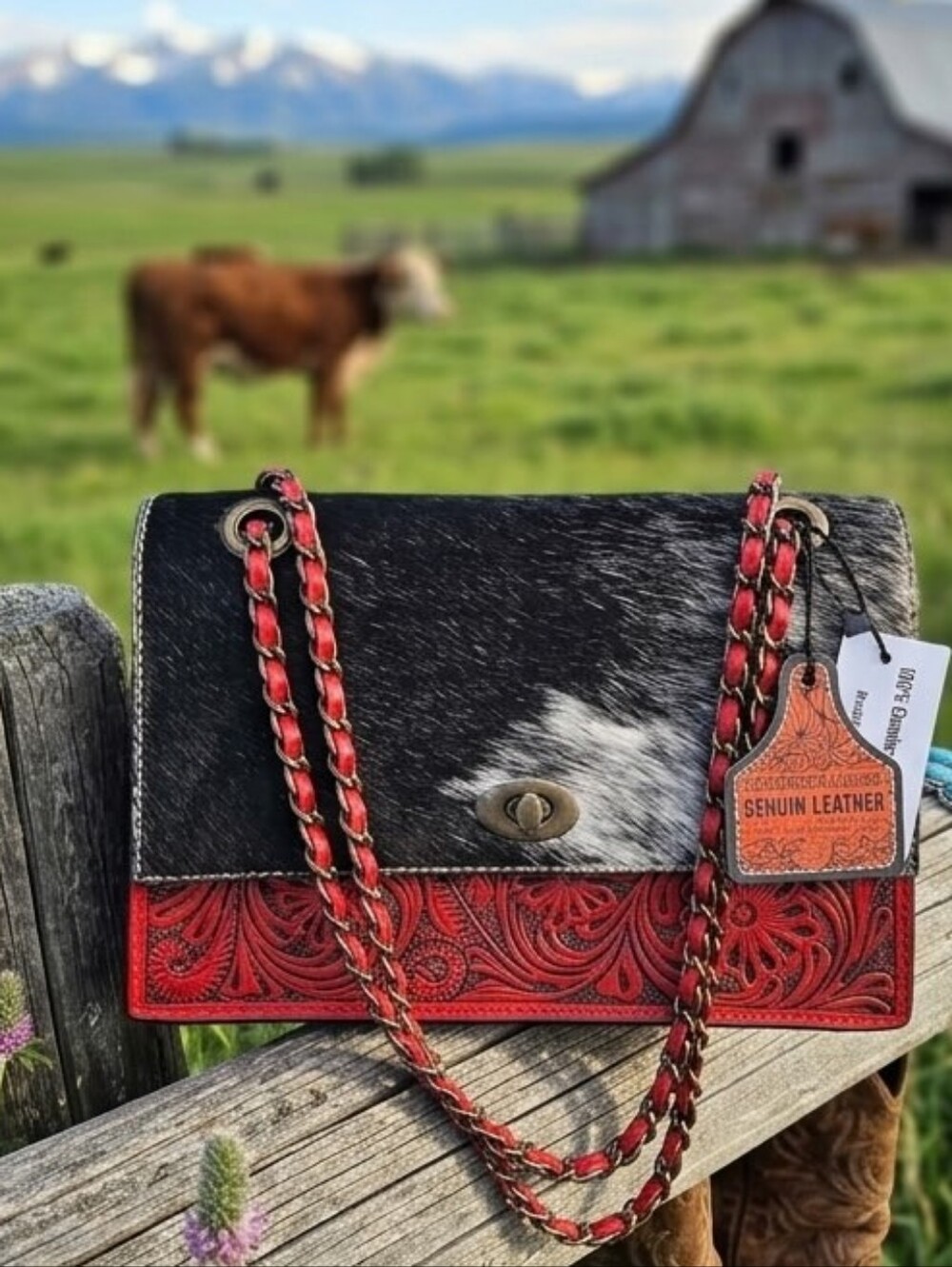 Western Linens Cowhide & Red Tooled Leather Crossbody Bag NWT